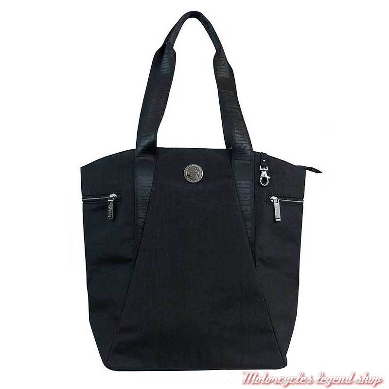 Sac à main cabas nylon femme Harley-Davidson, noir, zippé, médaillon chromé, WT8349S-BLK