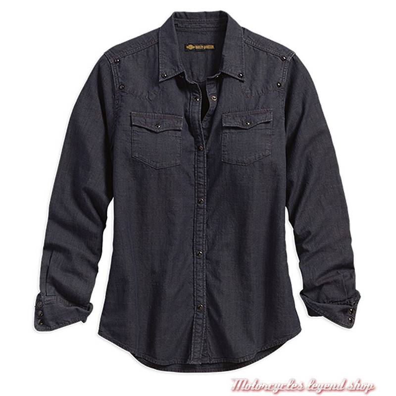 Chemise Studded Yoke Harley-Davidson femme, denim, noir, manches longues, 96303-18VW