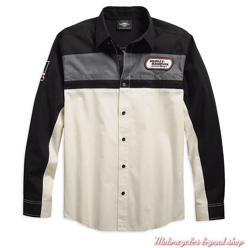 Chemise H-D Racing Harley-Davidson homme, manches longues, écru, noir, coton, 99163-19VM