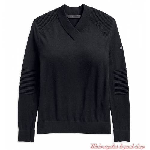 Pull Wool Blend Harley-Davidson femme, noir, viscose, laine, col V, côtelé, 96311-19VW-2