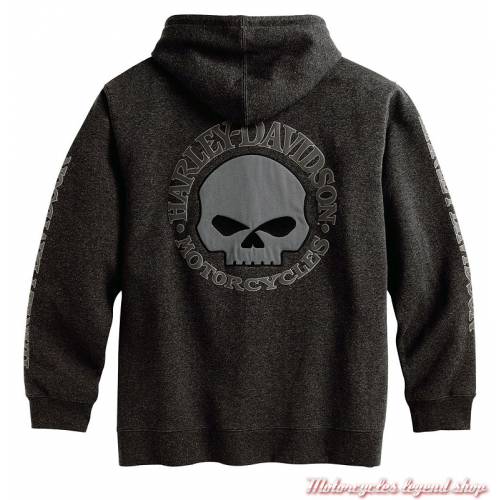 Sweatshirt Skull Harley-Davidson homme, zippé à capuche, gris, coton, polaire, dos, 99107-18VM