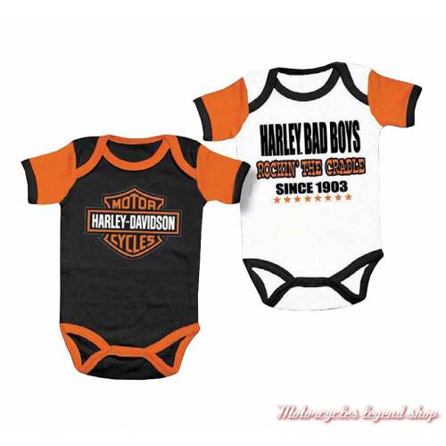 2 bodies Harley-Davidson garçon, coton, noir, orange, blanc, manches courtes, 3050551