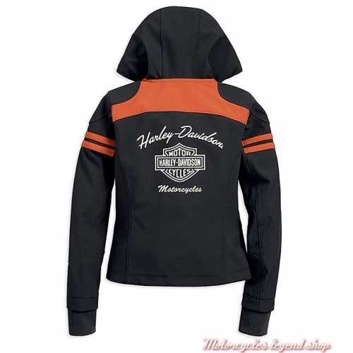 Blouson Miss Enthusiast Soft Shell Harley-Davidson femme, à capuche, polyester, noir, orange, dos, 98408-19VW