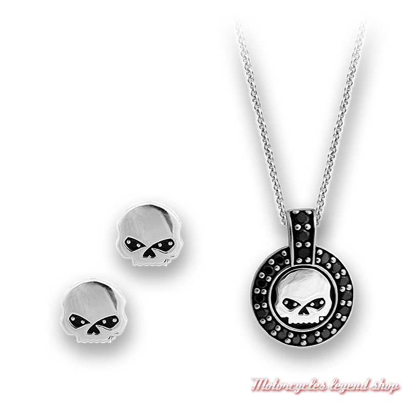 Collier et boucles d'oreille Skull Harley-Davidson femme, strass noir, HDS0012