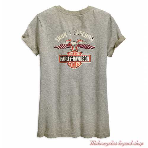 Tee-shirt Iron &amp; Freedom Harley-Davidson femme, gris délavé, manches courtes, coton, dos, 96893-19VW