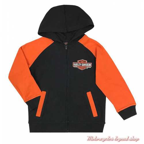 Sweatshirt Genuine garçon Harley-Davidson, zippé, capuche, noir, orange, coton, polyester