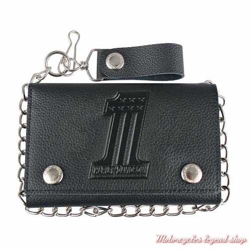 Portefeuille Number One noir Harley-Davidson, plus grand, cuir grainé, chainette, XML3888-BLK