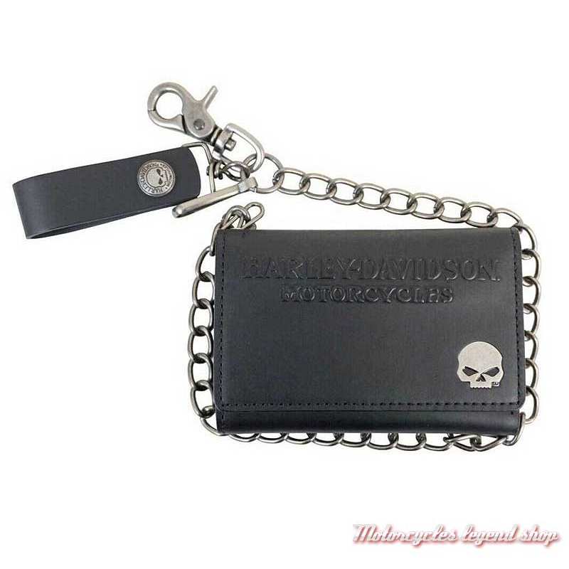 Portefeuille chaine Biker Skull Harley-Davidson, cuir noir, 3 volets, CORESM17-BLACK