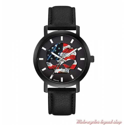 Montre Skul drapeau U.S.A. Harley-Davidson homme, bracelet cuir noir, 78A122