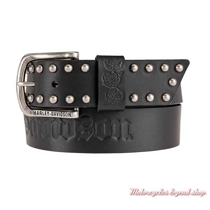 Ceinture Rockin Rose Harley-Davidson femme, cuir noir, rivets métal, boucle ouverte, HDWBT1120