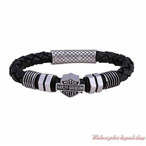 Bracelet cuir tressé noir et acier Bar & Shield Harley-Davidson homme, HSB0220